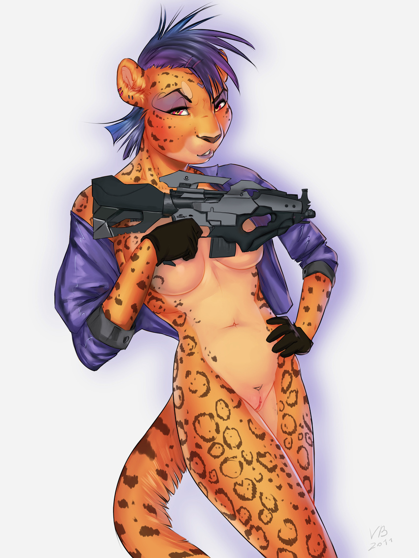 2011 anthro blue_hair bottomless breasts brown_nose clothed clothing digital_media_(artwork) eyebrows feline female fur gloves grin gun hair hi_res jacket leopard lips looking_at_viewer makeup mammal multicolored_fur multicolored_hair navel nude open_shirt purple_hair pussy ranged_weapon red_eyes rifle short_hair simple_background smile solo spots spotted_fur standing vagabondbastard weapon white_background