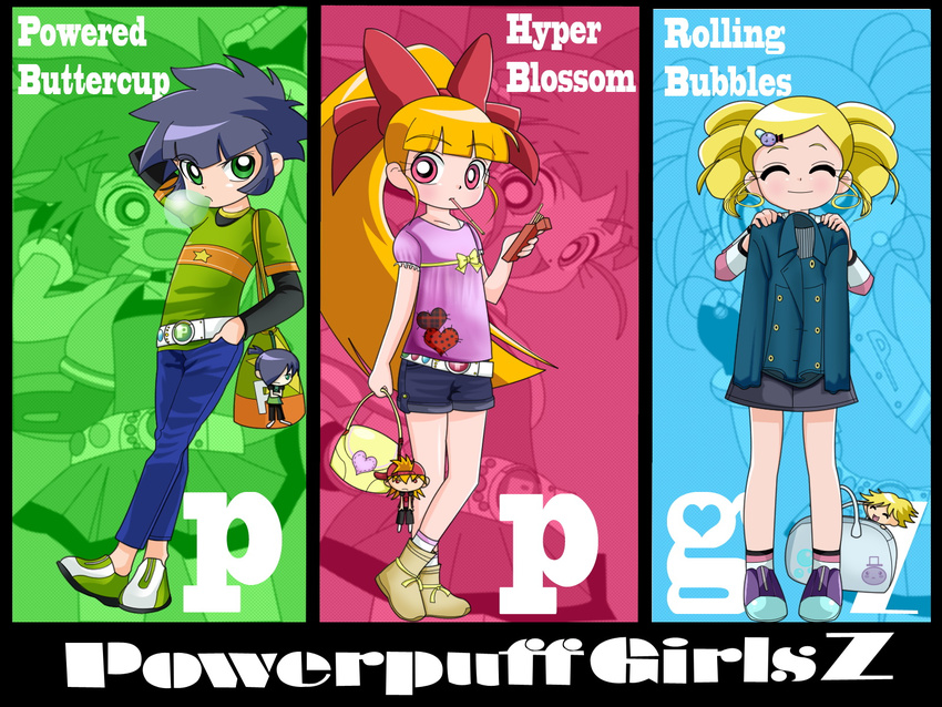 artist_request bag belt black_hair blonde_hair boomer_(ppg) boots bow brick_(ppg) butch_(ppg) chewing_gum closed_eyes food goutokuji_miyako green_eyes hair_bow hair_ornament hairclip hand_behind_head highres hyper_blossom jacket long_sleeves looking_at_viewer looking_to_the_side matsubara_kaoru multiple_girls orange_hair pink_eyes pocky powered_buttercup powerpuff_girls_z ribbon rolling_bubbles shoes short_hair short_shorts short_sleeves shorts skirt sneakers source_request