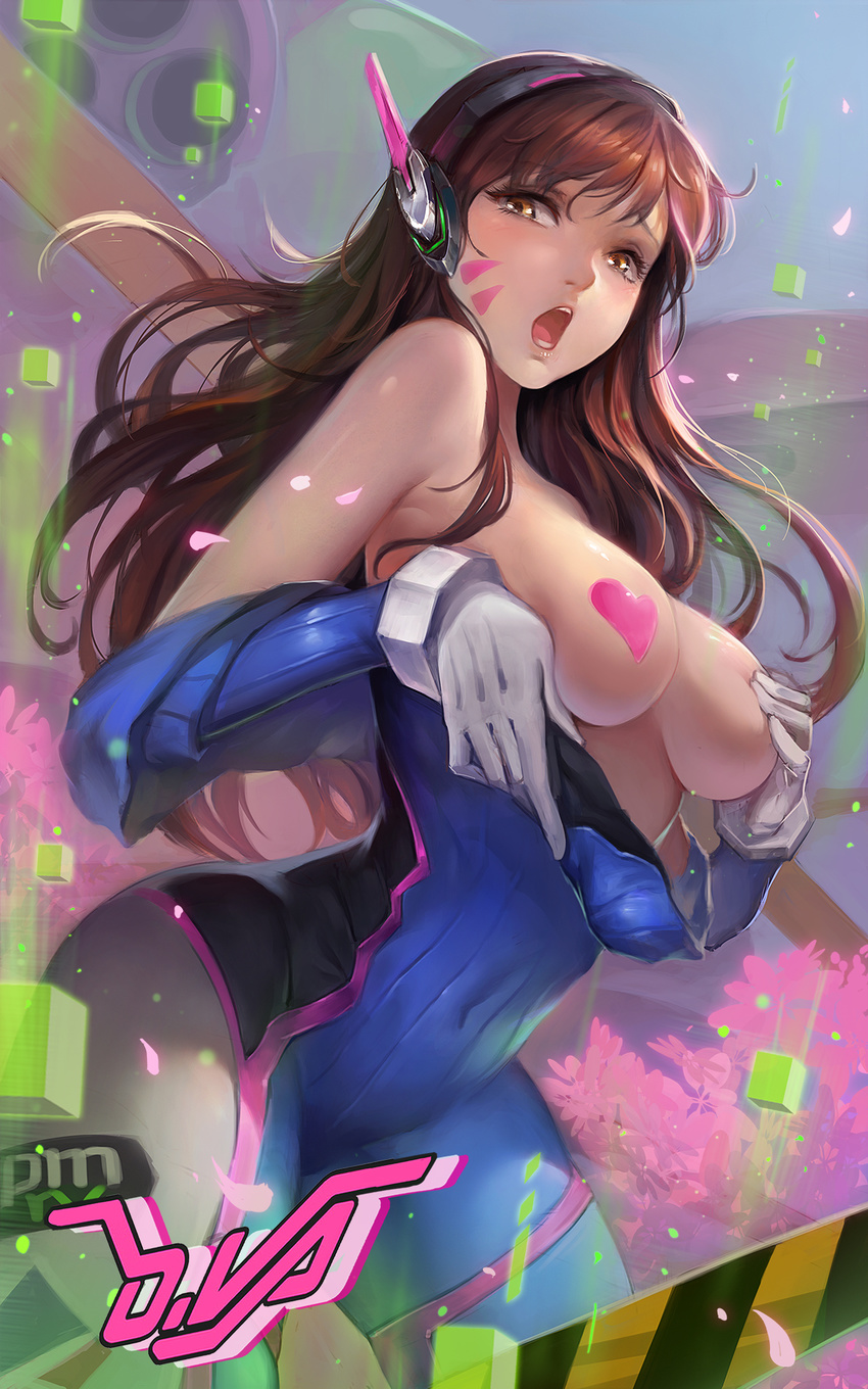 blush bodysuit breasts brown_hair censored character_name covering_nipples cube d.va_(overwatch) embarrassed facial_mark gloves headphones heart heart_censor highres karasu_kame_ex large_breasts long_hair open_mouth overwatch pilot_suit ribbed_bodysuit solo undressing whisker_markings white_gloves