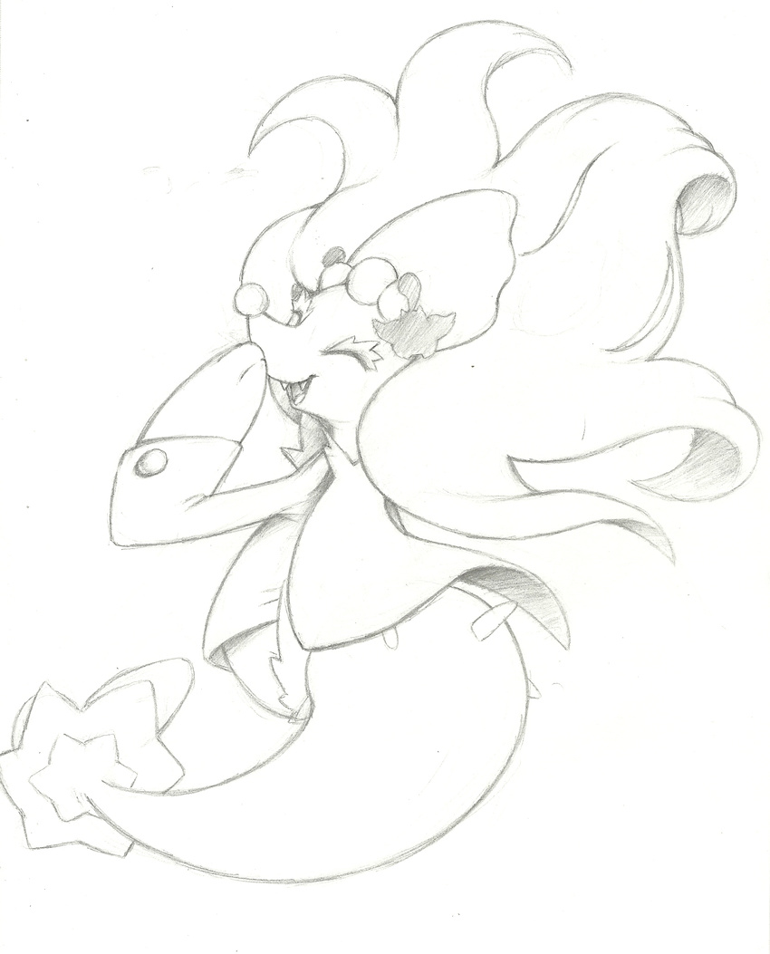 ambiguous_gender black_and_white clothing costume cute eyes_closed fangs hair mon311 monochrome nintendo open_mouth pok&eacute;mon primarina smile solo traditional_media_(artwork) vampire video_games