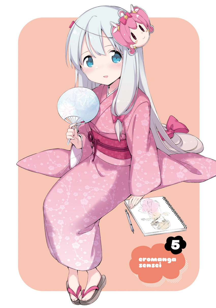 blue_eyes blush bow copyright_name eromanga_sensei fan hair_bow highres holding holding_fan invisible_chair izumi_sagiri japanese_clothes kimono long_hair looking_at_viewer low-tied_long_hair mask mask_on_head number obi official_art parted_lips pen pink_kimono red_bow rin_(royal) sash silver_hair simple_background sitting solo very_long_hair white_background yukata