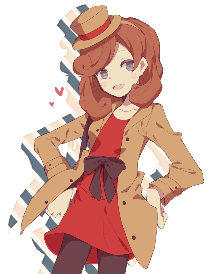 blue_eyes blush_stickers brown_hair drop_shadow fang hairband hands_on_hips hat heart highres katrielle_layton layton's_mystery_journey long_hair mini_hat mini_top_hat misato_karuha pantyhose professor_layton smile solo top_hat