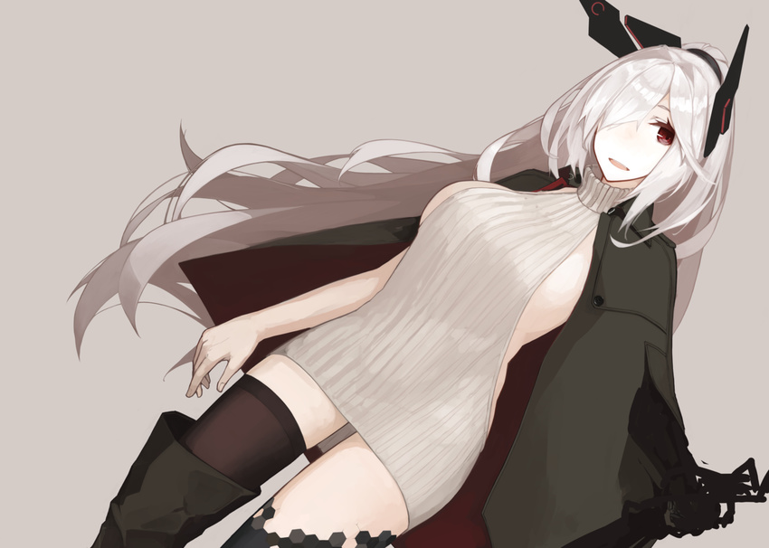 backless_dress backless_outfit bad_id bad_pawoo_id black_footwear black_legwear boots breasts dress dutch_angle grey_background grey_hair grey_sweater hair_over_one_eye halterneck headgear jacket_on_shoulders large_breasts long_hair looking_at_viewer meme_attire mikoto_(oi_plus) mismatched_legwear open_mouth original ponytail ribbed_sweater sideboob silver_hair simple_background smile solo sweater sweater_dress teeth thigh_boots thighhighs thighs turtleneck turtleneck_sweater very_long_hair virgin_killer_sweater