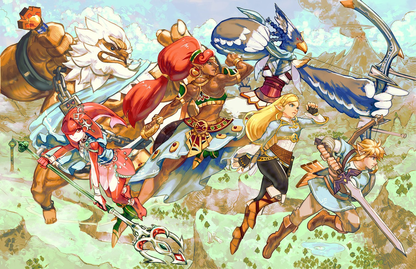 3girls animoose beard big_hair black_eyes blonde_hair blue_eyes boots bow bracelet braid breasts chain choker cloud commentary daruk facial_hair feathers fingerless_gloves flat_chest french_braid gerudo gloves goron halterneck high_heels jewelry jumping landscape link mipha multiple_boys multiple_girls muscle muscular_female pointy_ears polearm ponytail princess_zelda red_hair revali rito short_hair skirt sky small_breasts spear sword the_legend_of_zelda the_legend_of_zelda:_breath_of_the_wild thick_eyebrows trident tunic urbosa volcano weapon white_background yellow_eyes zora
