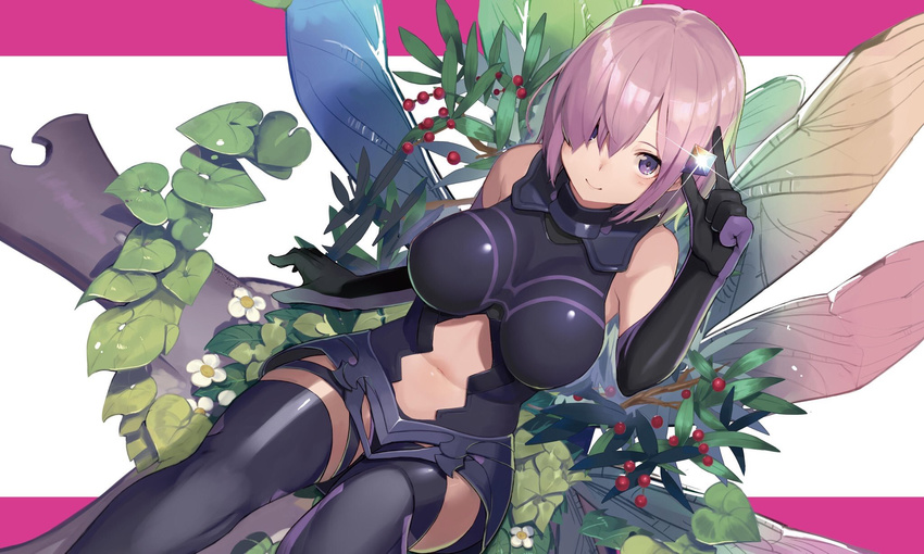 armor armored_boots armored_dress bare_shoulders black_footwear black_gloves black_legwear blush boots breasts closed_mouth commentary_request dutch_angle elbow_gloves fate/grand_order fate_(series) flower food fruit gem glint gloves greaves hair_over_one_eye highres holding katsudansou large_breasts leaf looking_at_viewer mash_kyrielight navel navel_cutout pink_background plant purple_eyes purple_hair saint_quartz shiny shiny_hair short_hair simple_background sitting sleeveless smile solo stomach thigh_strap thighhighs two-tone_background white_background white_flower