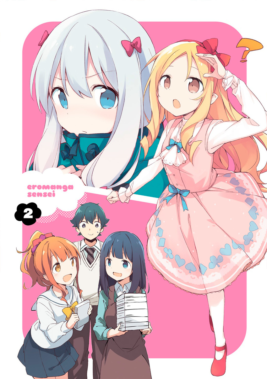 4girls :d ? black_hair black_neckwear black_skirt blonde_hair blue_eyes bow bowtie brown_eyes brown_pants copyright_name dress dress_shirt eromanga_sensei eyebrows_visible_through_hair hair_ribbon hairband high_ponytail highres holding izumi_masamune izumi_sagiri jinno_megumi leaning_forward long_hair looking_at_viewer looking_up miniskirt multiple_girls necktie official_art open_mouth orange_hair pants pink_dress pleated_skirt pointy_ears red_hairband ribbon rin_(royal) school_uniform serafuku shirt silver_hair simple_background skirt smile sweater takasago_tomoe very_long_hair white_background white_legwear white_shirt white_sweater yamada_elf yellow_bow yellow_neckwear