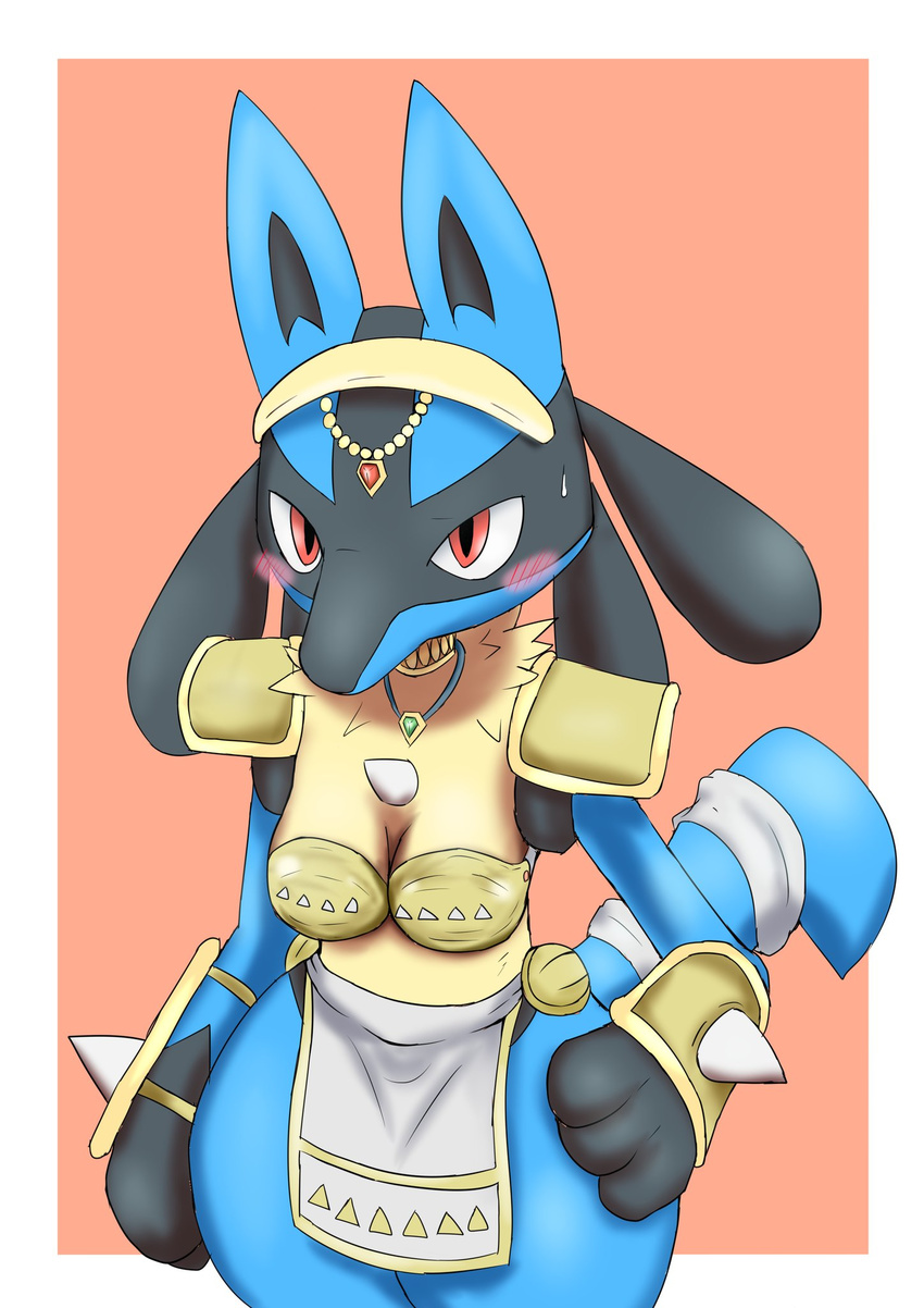 1girl artist_request blush breasts cosplay furry gem headband jewelry krystal loincloth lucario necklace pokemon red_eyes shoulder_pads solo sweat sweatdrop tagme tribal