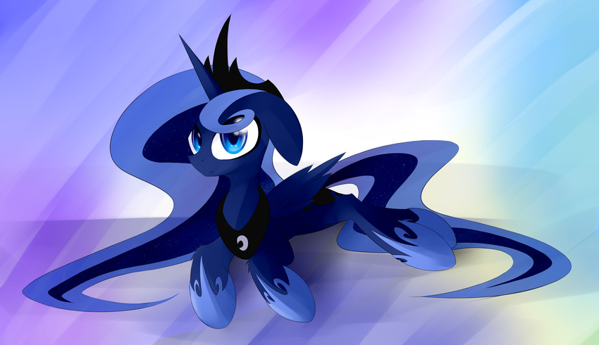 blue_eyes blue_feathers blue_hair equine feathered_wings feathers friendship_is_magic hair hooves horn mammal my_little_pony princess_luna_(mlp) queenbloodysky simple_background smile winged_unicorn wings