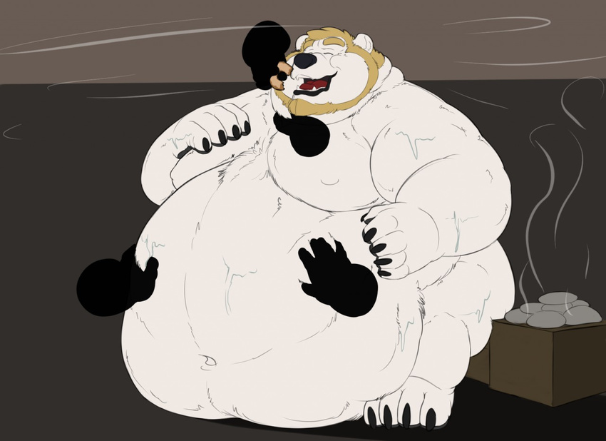 belly belly_overhang big_belly disembodied_hand doughnut eating food galvinwolf male massage moobs morbidly_obese nude obese overweight phantom_hands sauna solo sweat