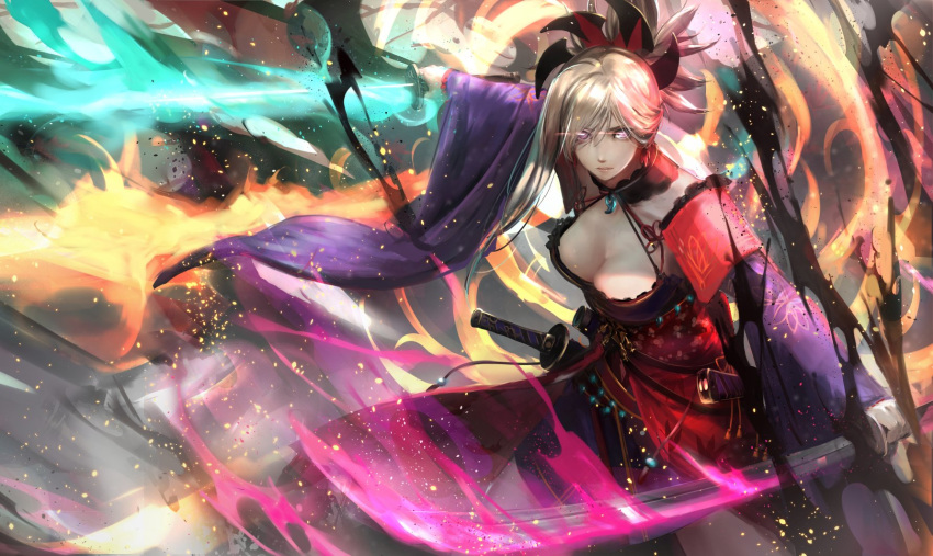 1girl aura bangs blue_eyes blue_kimono breasts cleavage detached_sleeves dual_wielding earrings expressionless fate/grand_order fate_(series) fire floating_hair glowing glowing_eyes hair_ornament highres holding holding_sword holding_weapon japanese_clothes jewelry katana kimono large_breasts long_hair looking_at_viewer miyamoto_musashi_(fate/grand_order) nina_(ninageya) obi pink_hair ponytail sash serious sheath sidelocks sleeveless sleeveless_kimono solo sword weapon wind wind_lift