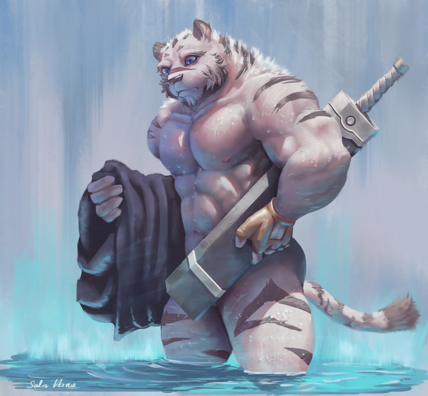 anthro feline grimoire_of_zero hanukami male mammal melee_weapon mercenary_(character) nude solo sword tiger water weapon