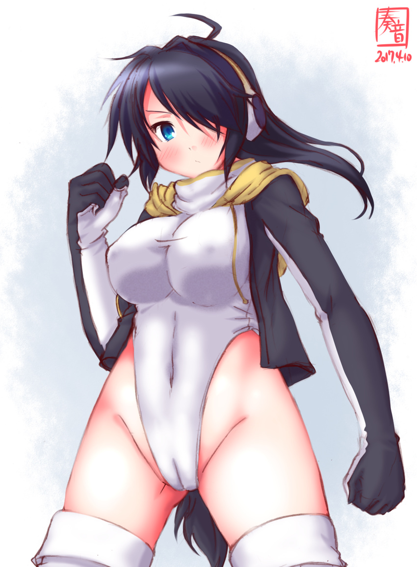 ahoge artist_logo black_hair black_jacket blue_eyes blush cameltoe cosplay covered_navel covered_nipples cowboy_shot dated emperor_penguin_(kemono_friends) emperor_penguin_(kemono_friends)_(cosplay) hair_over_one_eye headphones highleg highleg_leotard highres jacket kako_(kantai_collection) kanon_(kurogane_knights) kantai_collection kemono_friends leotard long_hair looking_at_viewer signature solo standing thighhighs white_legwear white_leotard