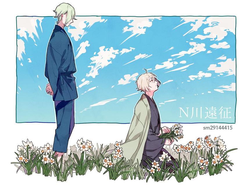 blonde_hair blue_sky cloud daffodil day flower green_hair gyuunyuu_(mashika) higekiri_(touken_ranbu) hizamaru_(touken_ranbu) japanese_clothes looking_up male_focus multiple_boys seiza sitting sky touken_ranbu yellow_eyes