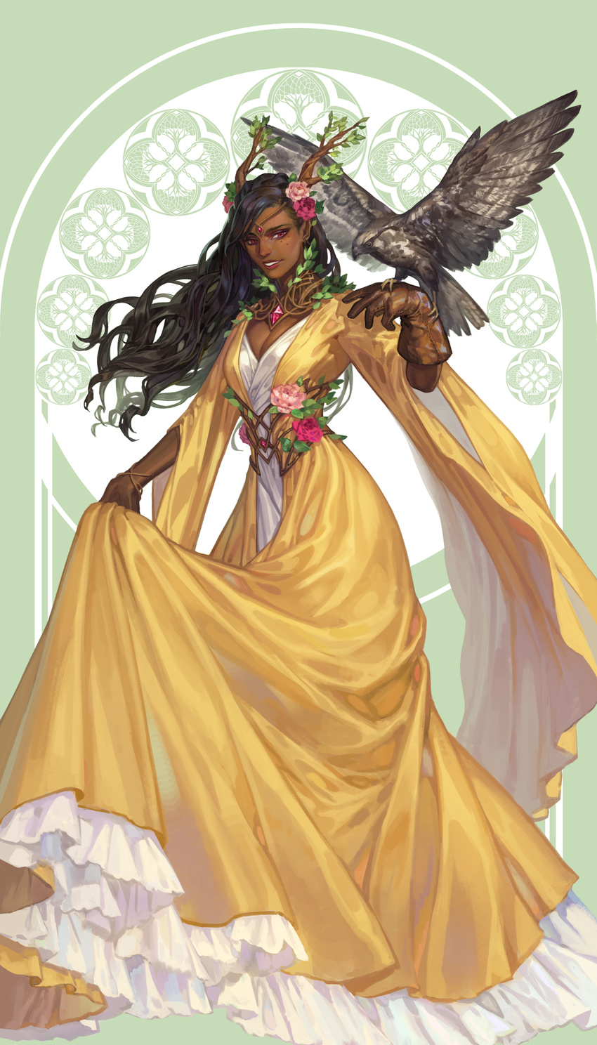 absurdres bird breasts brown_eyes brown_gloves brown_hair cleavage dark_skin dress eagle earrings flower freckles full_body gloves hair_flower hair_ornament highres jewelry large_breasts looking_at_viewer noa_ikeda original parted_lips pink_eyes single_glove skirt_hold smile solo standing tarot wide_sleeves yellow_dress