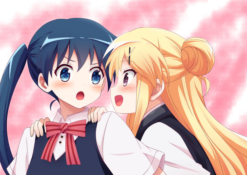 bassa blonde_hair blue_eyes blue_hair blue_vest blush bow bowtie commentary eyebrows_visible_through_hair hair_bun hair_ornament hands_on_another's_shoulders highres kin-iro_mosaic komichi_aya kujou_karen long_hair looking_at_another multiple_girls open_mouth pink_background purple_eyes red_bow red_neckwear school_uniform short_sleeves smile sweater_vest twintails vest x_hair_ornament