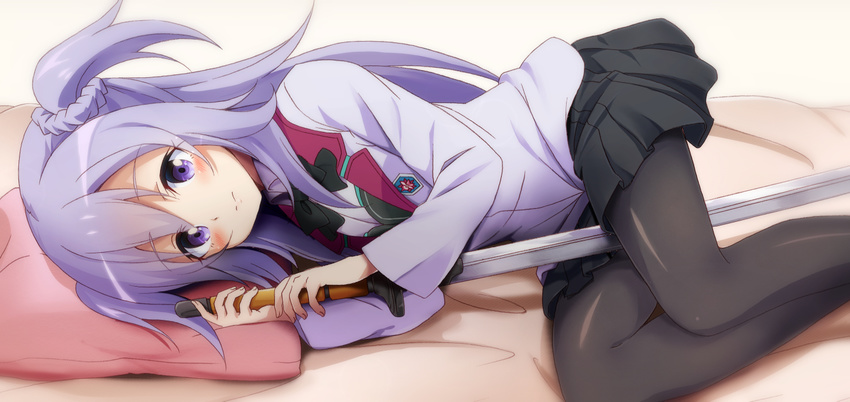 bassa bed black_bow black_legwear black_skirt blush bow commentary_request eyebrows_visible_through_hair gakusen_toshi_asterisk head_on_pillow holding holding_sword holding_weapon katana long_hair looking_at_viewer lying on_side pantyhose pillow purple_eyes purple_hair school_uniform skirt solo sword toudou_kirin weapon