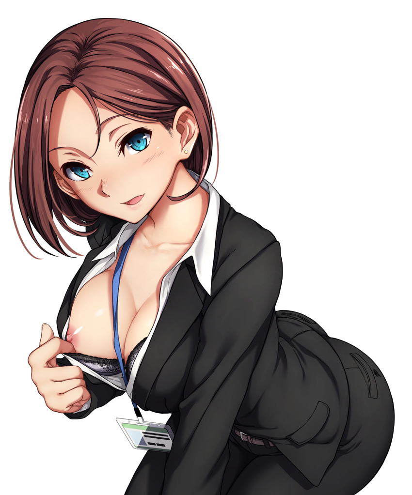 ass blue_eyes bra breasts brown_hair cleavage earrings formal highres jewelry lanyard large_breasts leaning_forward nipple_slip nipples office_lady open_mouth original sblack short_hair simple_background solo suit underwear white_background