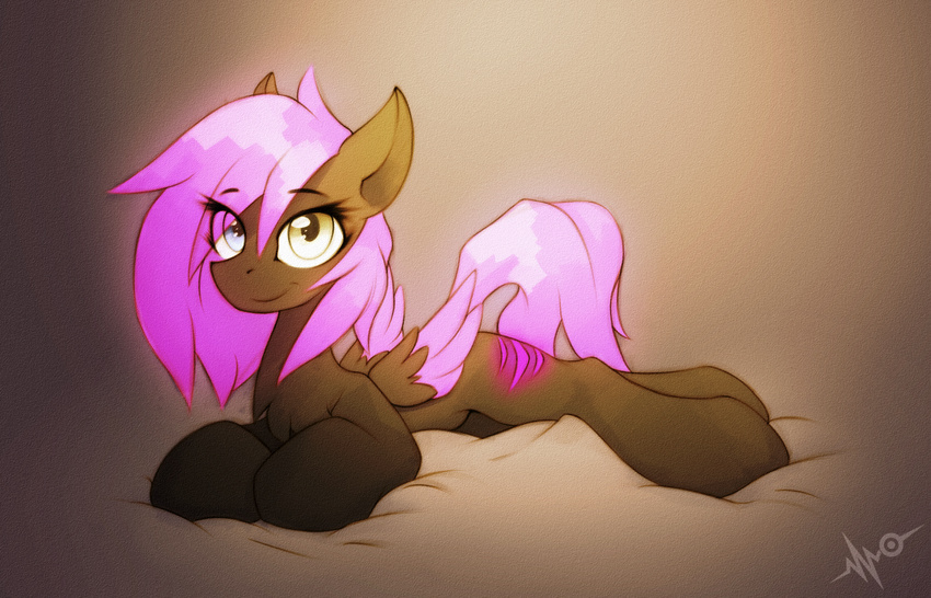 brown_fur cutie_mark equine eyelashes fan_character feathers female feral fur hair hooves lying mammal my_little_pony pegasus pink_feathers pink_hair queenbloodysky simple_background smile solo wings yellow_eyes