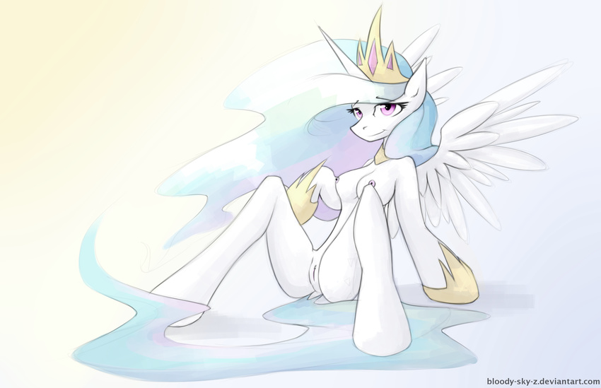 anthro breasts equine friendship_is_magic hooves horn mammal my_little_pony nipples pink_eyes princess_celestia_(mlp) pussy queenbloodysky simple_background sitting smile white_background winged_unicorn wings