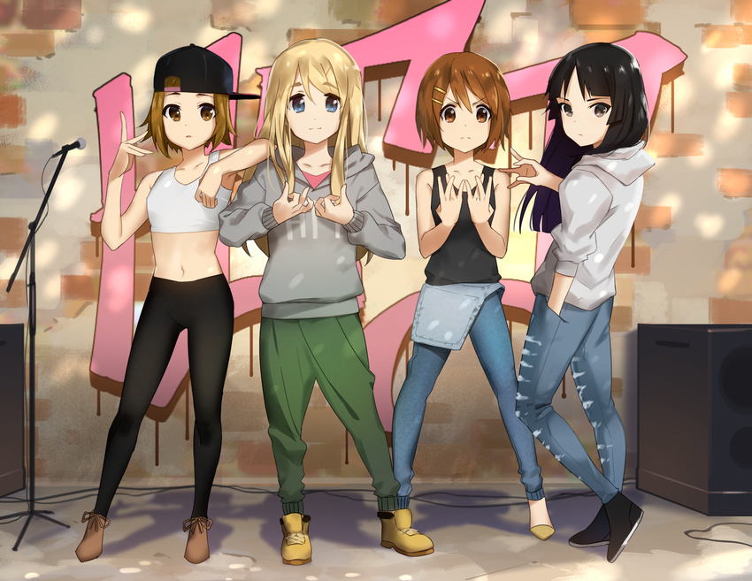 akiyama_mio backwards_hat black_hair blonde_hair blue_eyes brown_eyes brown_hair full_body gang_sign graffiti hair_ornament hairclip hat highres hirasawa_yui hood hoodie k-on! kotobuki_tsumugi long_hair looking_at_viewer loudspeaker midriff multiple_girls navel pantyhose sendrawz short_hair tainaka_ritsu tank_top