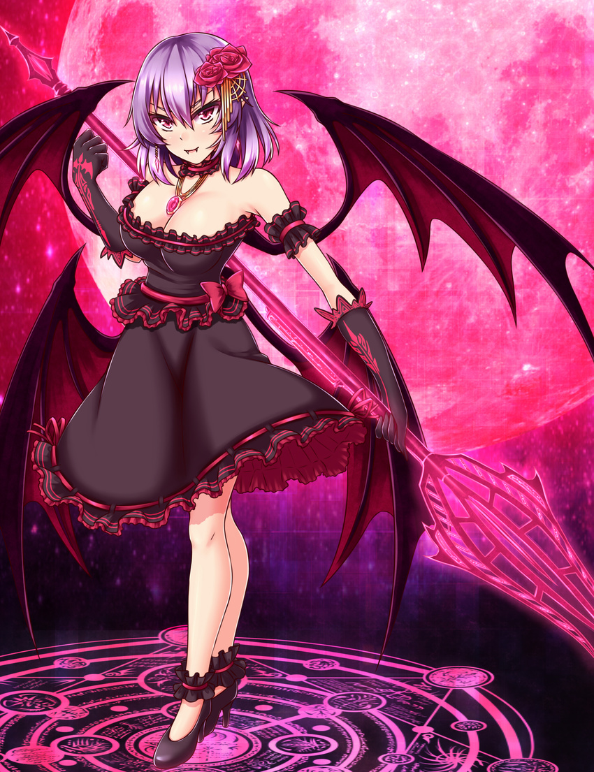 absurdres alternate_breast_size alternate_color alternate_costume arm_strap bad_id bad_pixiv_id bangs bare_shoulders bat_wings black_footwear black_shirt black_skirt blush breasts choker cleavage clenched_hand colored_eyelashes earrings energy fangs fangs_out flower frilled_choker frilled_shirt_collar frilled_skirt frills full_body full_moon gem gloves glowing_earrings gradient gradient_background gradient_hair hair_between_eyes hair_flower hair_ornament hand_up head_tilt high_heels highres holding holding_weapon jewelry large_breasts legs light_particles magic_circle moon multicolored_hair multiple_wings necklace no_hat no_headwear off-shoulder_shirt older pendant pink_background pink_moon print_gloves purple_background purple_hair red_flower red_rose remilia_scarlet rose shirt shoes skirt solo spear_the_gungnir standing symbolism touhou weapon wings zeramu