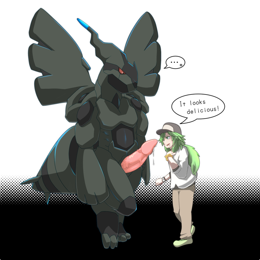 drooling gay green_hair hair hat human legendary_pok&#233;mon long_hair male mammal n n_(pokemon) nintendo penis plain_background poisalty pok&#233;mon pokemon red_eyes saliva team_plasma unknown_artist video_games white_background zekrom