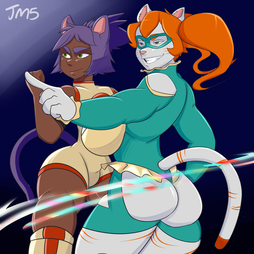 animal_humanoid big_breasts breasts bulge butt cat_humanoid clothing duo feline female huge_breasts humanoid jakkmau5art male mammal smile standing tight_clothing