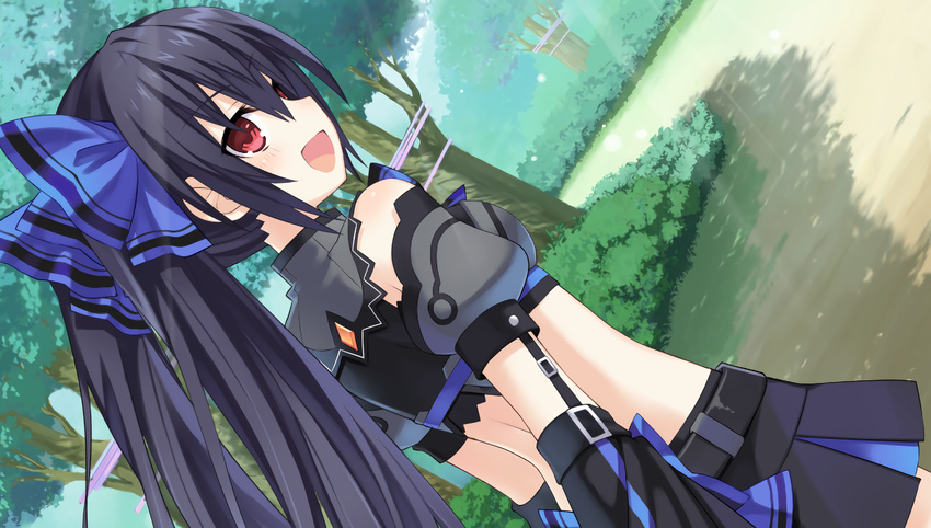 bare_shoulders black_hair breasts chou_megami_shinkou_noire_gekishin_black_heart game_cg hair_ornament highres long_hair looking_at_viewer looking_back neptune_(series) noire official_art red_eyes ribbon small_breasts solo tsunako twintails