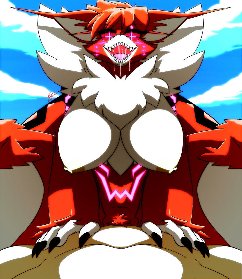 1girl breasts cross-shaped_pupils digimon digimon_adventure_tri. drooling fangs female furry large_breasts meicrackmon neon_trim nipples open_mouth red_eyes sex sharp_nails vaginal