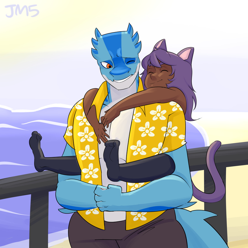 ambiguous_gender animal_humanoid beach carrying cat_humanoid cirrus_(xp) clothed clothing duo feline fish hug humanoid jakkmau5art male mammal marine muscular outside piggyback seaside shark smile standing