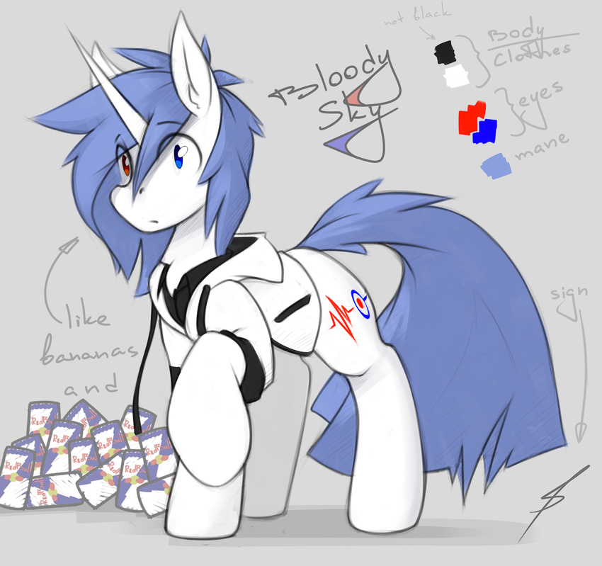 blue_hair clothed clothing cutie_mark equine fan_character female fur hair heterochromia hoodie hooves horn mammal model_sheet my_little_pony queenbloodysky solo standing unicorn white_fur