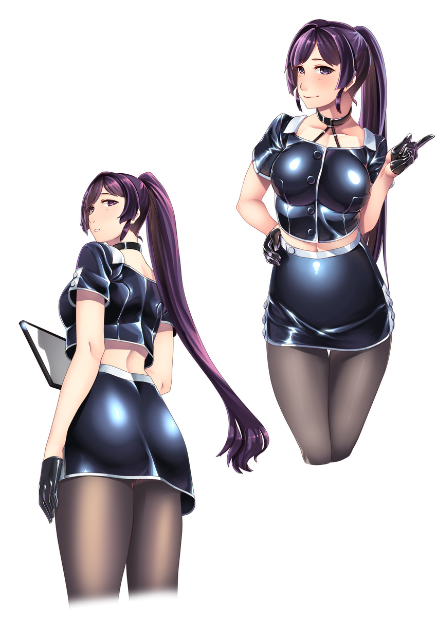 absurdres blush breasts clipboard cropped_legs female_admiral_(kantai_collection) from_behind hand_on_hip hiememiko highres holding kantai_collection large_breasts latex long_hair looking_at_viewer looking_back multiple_views original pantyhose parted_lips ponytail purple_hair shiny shiny_clothes simple_background standing very_long_hair white_background