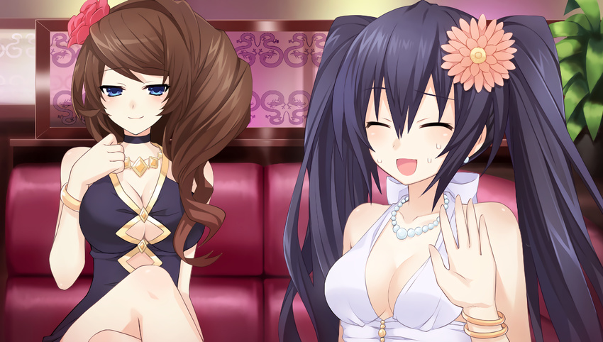 black_hair breasts brown_hair chou_megami_shinkou_noire_gekishin_black_heart dress flower game_cg hair_flower hair_ornament highres jewelry long_hair manamitsu medium_breasts multiple_girls necklace neptune_(series) noire official_art open_mouth red_eyes ryuuka smile twintails