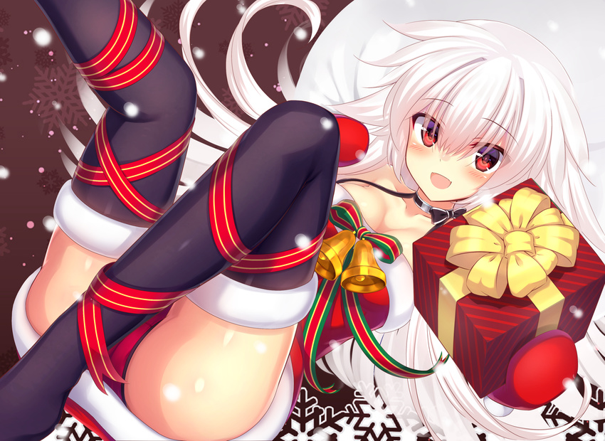 absurdres bare_shoulders bell blush box breasts choker christmas fur_trim gift gloves highres long_hair looking_at_viewer medium_breasts murasame_shia open_mouth original panties pantyshot red_eyes red_gloves red_panties ribbon silver_hair smile solo thighhighs underwear