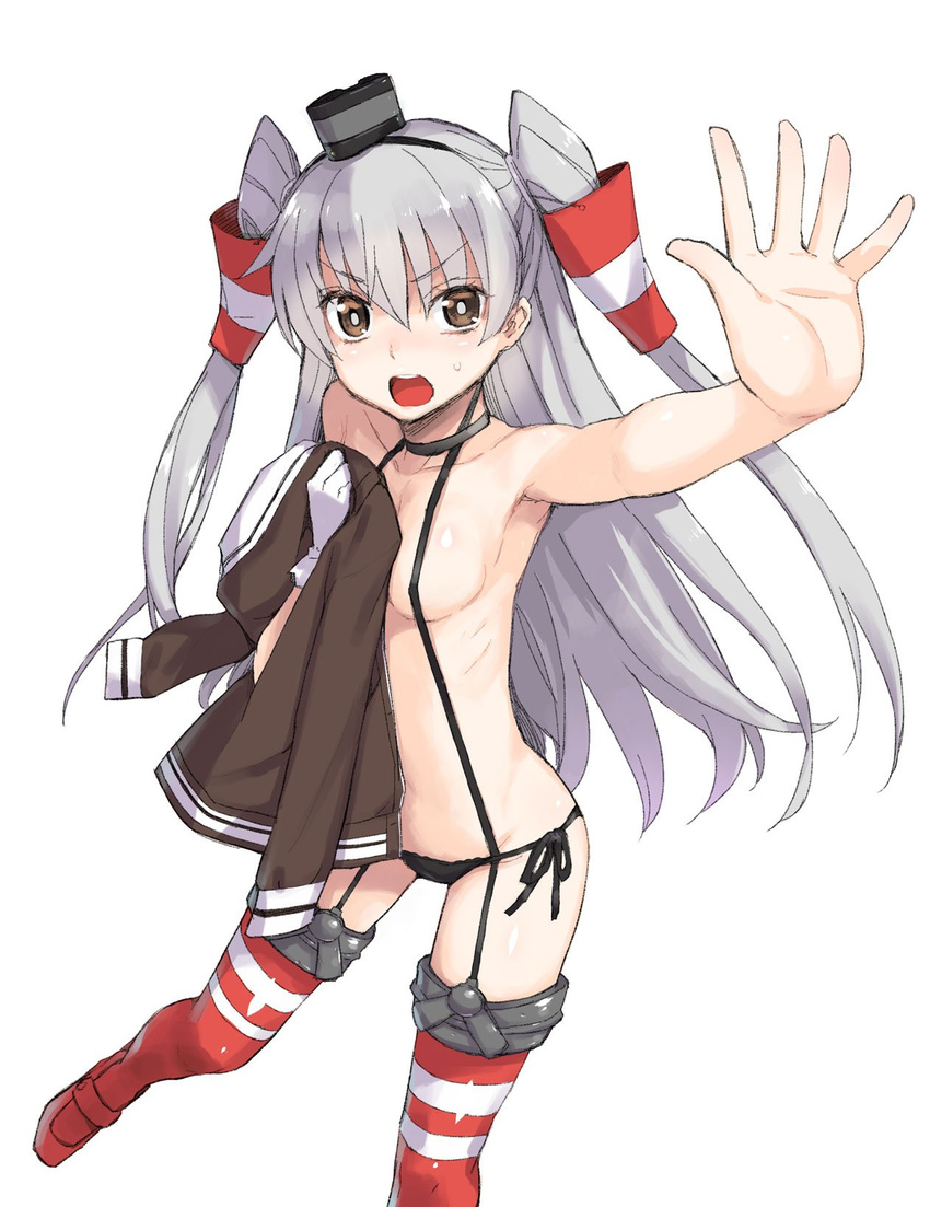 :o amatsukaze_(kantai_collection) black_panties breasts bright_pupils brown_eyes convenient_censoring eyebrows_visible_through_hair garter_straps gloves hairband hat highres kantai_collection long_hair mini_hat open_mouth outstretched_arm outstretched_hand panties red_legwear side-tie_panties silver_hair simple_background single_glove small_breasts solo suspenders sweatdrop thighhighs topless two_side_up underwear underwear_only v-shaped_eyebrows white_background white_gloves white_pupils yaya_hinata