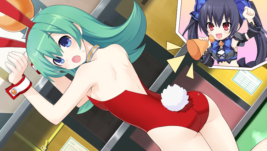 animal_ears bare_back bare_shoulders black_hair bunny_ears bunny_girl bunny_tail bunnysuit chou_megami_shinkou_noire_gekishin_black_heart detached_collar fake_animal_ears fishnets game_cg green_hair hair_ornament highres long_hair loudspeaker multiple_girls neptune_(series) noire official_art open_mouth puuna_(chou_megami_shinkou_noire_gekishin_black_heart) red_eyes tail tsunako twintails wrist_cuffs