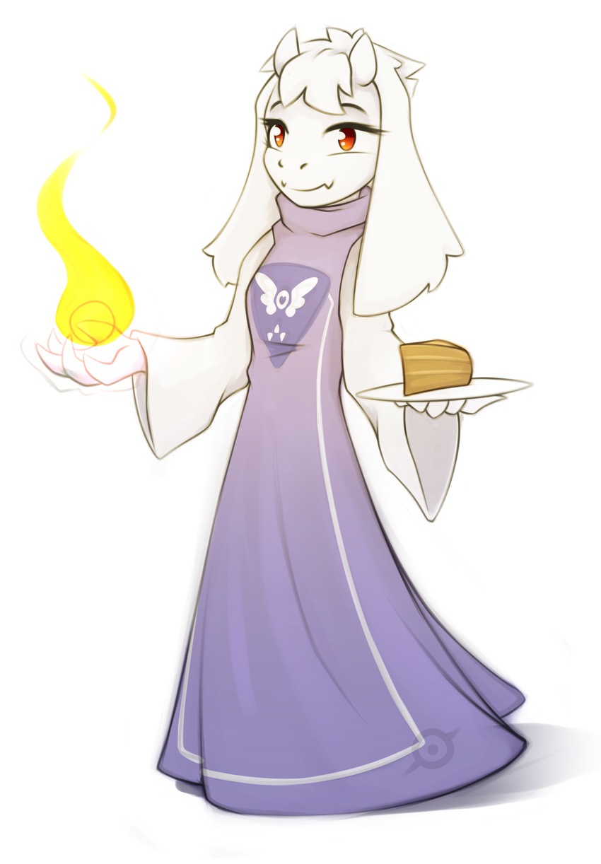 anthro cake caprine clothed clothing female fingers fire food goat mammal queenbloodysky simple_background smile standing undertale video_games white_background