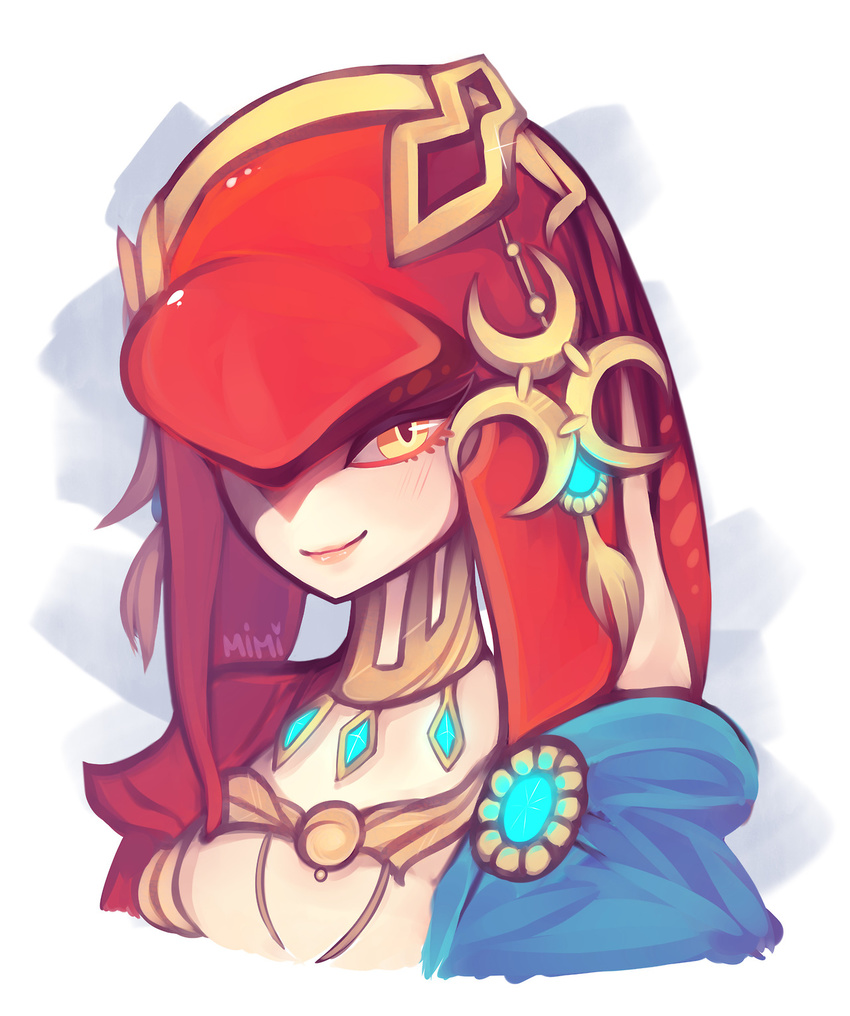 1girl blush fins fish_girl gem glowing hair_ornament highres jewelry lips looking_at_viewer mipha pink_lips red_skin smile solo the_legend_of_zelda the_legend_of_zelda:_breath_of_the_wild yellow_eyes zora