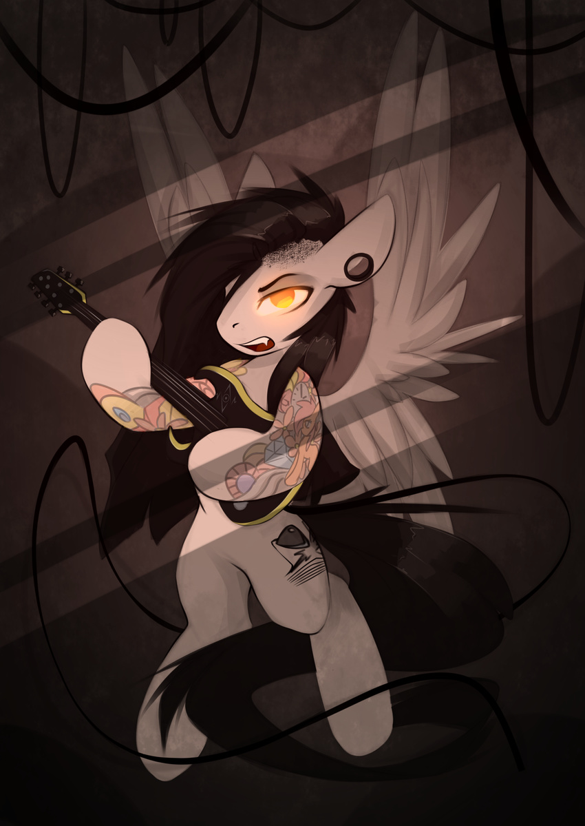 black_hair cutie_mark ear_piercing equine fan_character feathered_wings feathers female feral fur grey_fur hair hooves mammal musical_instrument my_little_pony open_mouth pegasus piercing queenbloodysky solo tattoo wings yellow_eyes