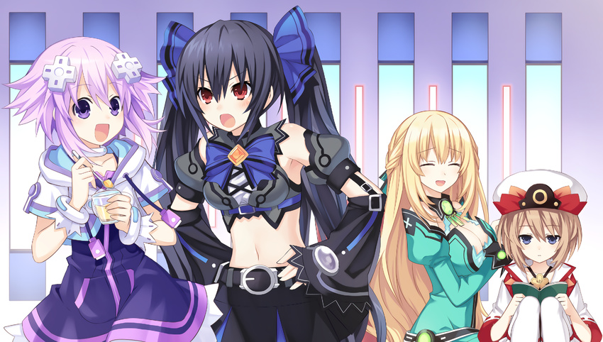 bare_shoulders black_hair blanc blonde_hair blush breasts brown_hair chou_megami_shinkou_noire_gekishin_black_heart cleavage d-pad d-pad_hair_ornament game_cg hair_ornament hat highres large_breasts long_hair manamitsu midriff multiple_girls navel neptune_(choujigen_game_neptune) neptune_(series) noire official_art open_mouth purple_eyes purple_hair red_eyes ribbon short_hair smile twintails vert