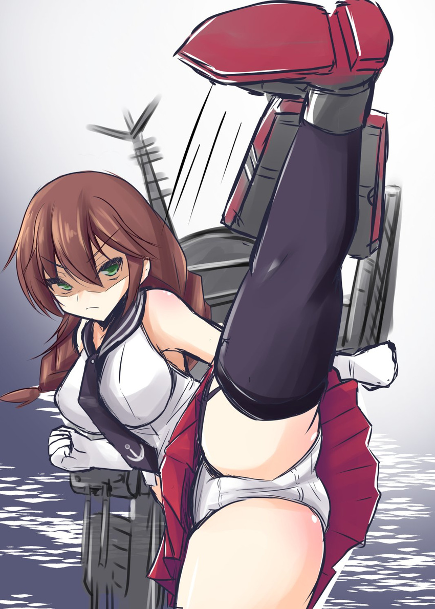 asymmetrical_legwear braid breasts brown_hair commentary_request gameplay_mechanics gloves green_eyes highres kancolle_arcade kantai_collection kicking large_breasts long_hair looking_at_viewer low_twintails machinery navel noshiro_(kantai_collection) okatora panties pleated_skirt school_uniform serafuku shaded_face skirt solo thighhighs turret twin_braids twintails underwear water white_gloves