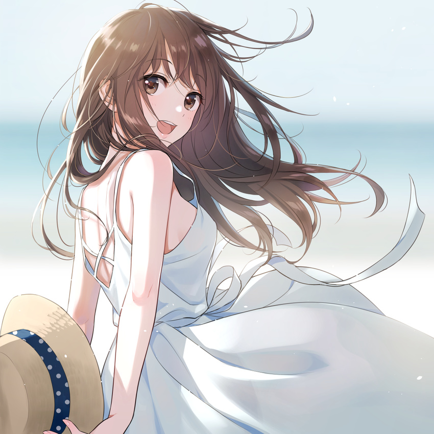 :d backless_dress backless_outfit bangs bare_arms blurry blurry_background blush breasts brown_eyes brown_hair commentary cowboy_shot dress eyebrows_visible_through_hair from_side hat hat_removed headwear_removed holding holding_hat light_particles lips long_hair looking_at_viewer looking_back medium_breasts morikura_en no_headwear open_mouth original outdoors sleeveless sleeveless_dress smile solo sun_hat sundress teeth white_dress wind wind_lift