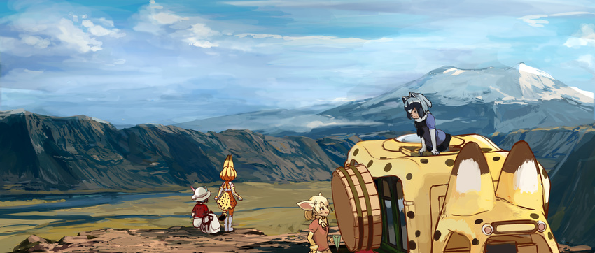 animal_ears backpack bag commentary common_raccoon_(kemono_friends) elbow_gloves fennec_(kemono_friends) fox_ears gloves hat highres japari_bus kaban_(kemono_friends) kemono_friends landscape morakkyo_(mephilas_g3) mountain multiple_girls raccoon_ears scenery serval_(kemono_friends) serval_ears serval_print serval_tail skirt tail