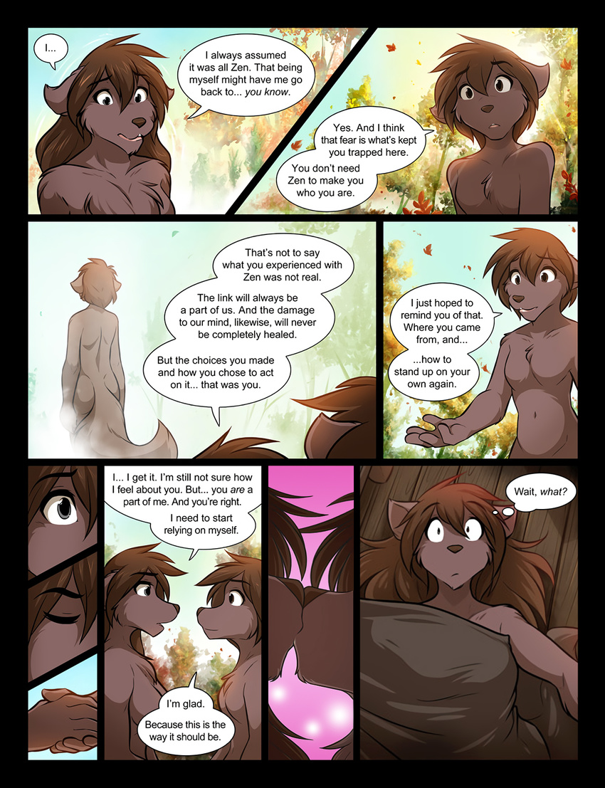 anthro breasts brown_fur brown_hair butt casual_nudity comic confusion dialogue dream duo edit female female/female fur hair heterochromia kissing long_hair male natani nude outside selfcest short_hair speech_bubble square_crossover thought_bubble tom_fischbach tree twokinds webcomic young zen_(twokinds)