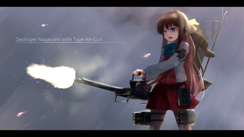 antiaircraft_weapon blue_bow bow cannon caption cloud cloudy_sky coiled_cord commentary_request english firing gun hair_bow headphones highres kantai_collection letterboxed long_hair looking_ahead multicolored_hair muzzle_flash naganami_(kantai_collection) radio rigging sidelocks sky solo tsubasa_(abchipika) two-tone_hair weapon yellow_bow yellow_eyes