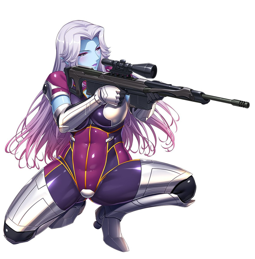 00s 1girl alberta_(taimanin_asagi) blue_skin blush breasts female kokonoki_nao large_breasts lilith-soft lipstick multicolored_hair point pointy_ears purple_eyes rifle shiny shiny_skin solo squatting taimanin_(series) taimanin_asagi taimanin_asagi_battle_arena weapon