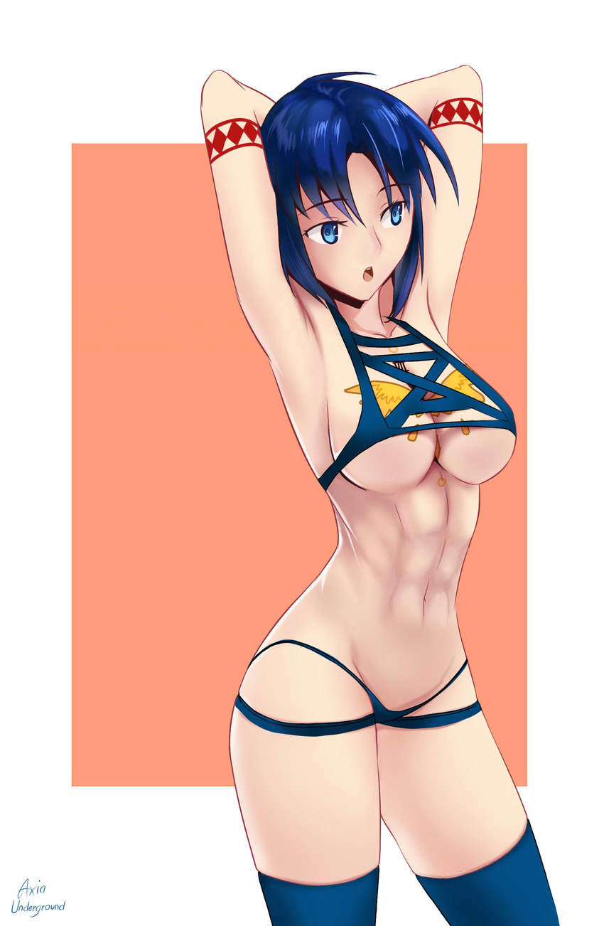 abs absurdres armpits arms_behind_head arms_up axia-chan blue_eyes blue_hair blue_legwear breast_tattoo breasts ciel cleavage cowboy_shot eyebrows_visible_through_hair highres medium_breasts melty_blood navel open_mouth revealing_clothes short_hair solo stretch swimsuit tattoo thighhighs toned tsukihime underboob
