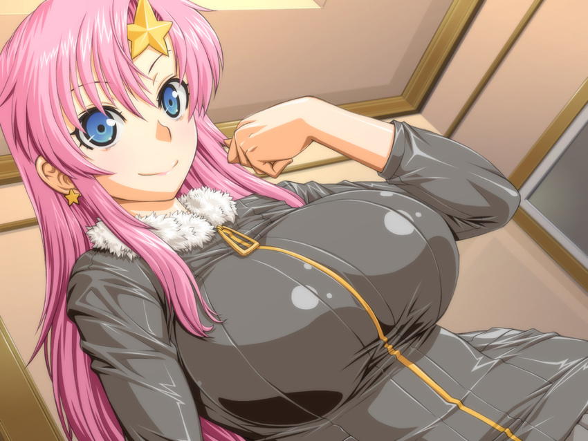 1girl amano_mitsurugi bangs black_jacket blue_eyes breasts earrings fur_trim gundam gundam_seed gundam_seed_destiny highres huge_breasts indoors jacket long_hair long_sleeves looking_at_viewer meer_campbell pink_hair smile solo upper_body zipper