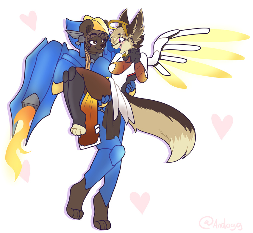 &lt;3 ambiguous_gender andogg anthro armor bodysuit canine clothed clothing duo fennec fox fur hair male mammal skinsuit smile standing tight_clothing wings