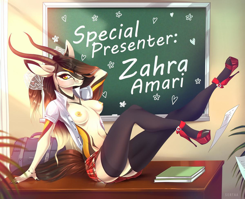 antelope anthro clothing footwear gazelle high_heels horn mammal school_uniform sertaa shoes uniform zahra_(airheart)